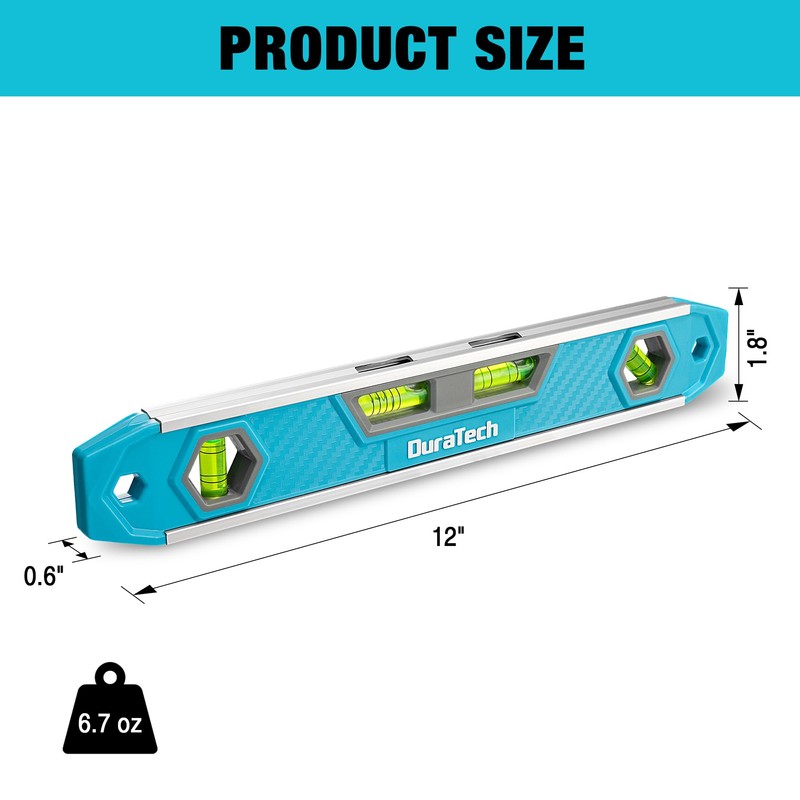 DURATECH 12-Inch Magnetic Torpedo Level with 0°/45°/90° Bubbles & V-Groove