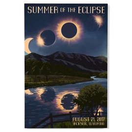 Lantern Press 12x18 Inch Premium Wood Sign, Ready to Hang Wall Decor, Jackson, Wyoming, Solar Eclipse 2017, Summer of the Eclipse
