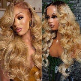 13x6 Ombre Body Wave Lace Front Wigs Human Hair Pre Plucked 180% Density Chocolate Brown to Honey Blonde Frontal Wigs Human Hair HD Lace Wig Glueless Wig for Black Women Bleached Knots 18 Inch