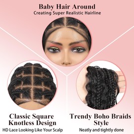 Zurffiy 36Inch 360° HD Full Lace Boho Braided Wigs For Black Women Box Braid Wig With Baby Hair Knotless Braided Wig Human Hair Blended Bohemian Braided Lace Wigs Natural Black