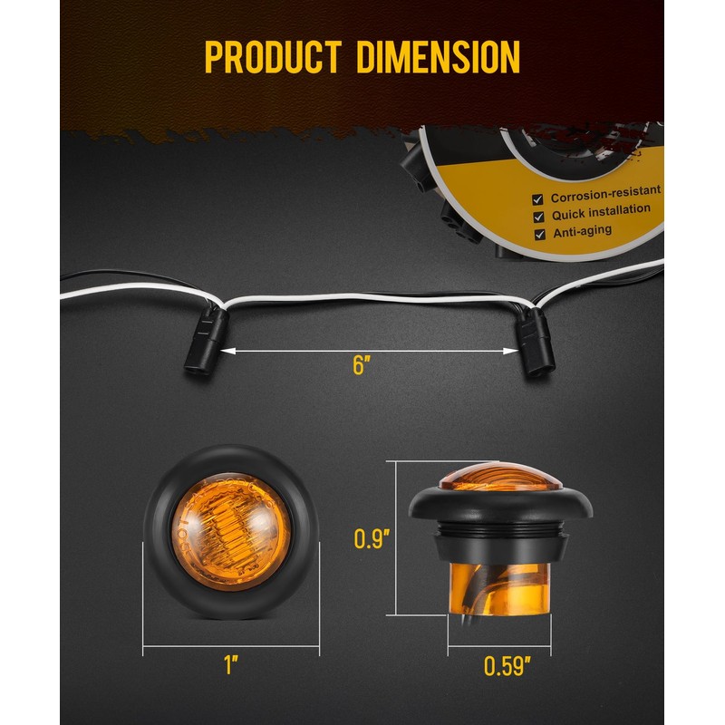 Partsam 50 Pcs 3/4" Amber Side Marker Lights with Connector