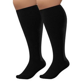 CONRAN KREMIX Plus Size Compression Socks For Women Black Wide Calf Sports Long Knee High Soothe Breathable Black Socks Women-4XL