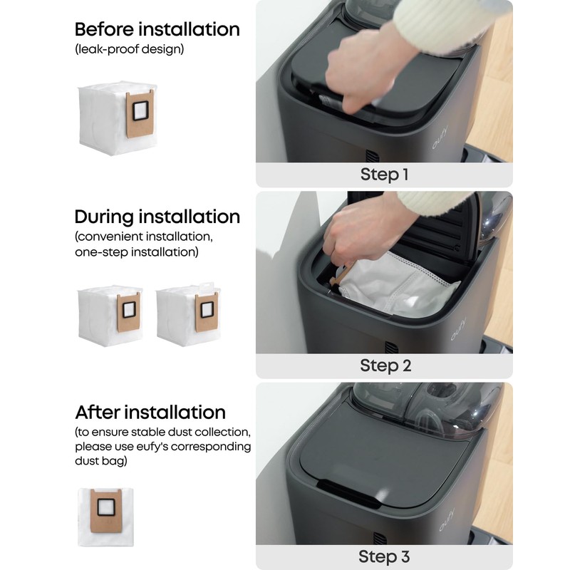 eufy Dust Bag, 3-Pack, 3L, Leak-Proof, Effective Filtration, Safe, Compatible