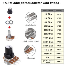 Taiss 40PCS Potentiometer Kit with Rotary knobs,WH148 B1K 2K 5K 10K 20K 50K 100K 250K 500K 1M Ohm potentiometers Assortment Single Linear Taper Rotary Audio B Type and Nuts,Washers