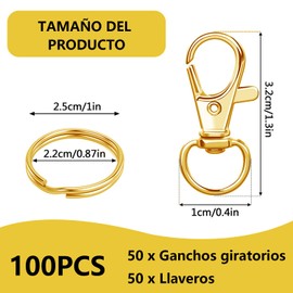 CHENGBAO 100 Argollas para Llaveros y Ganchos Giratorios Dorados,ganchos giratorios con llaveros,50 Ganchos Giratorios + 50 Llaveros (dorado)