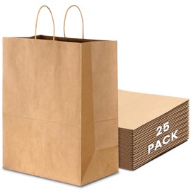 13" x 7" x 17" Twisted Handle Bags [Pack of 25] Food Service bags, Recylable Kraft Paper Bags, Gift bags, Grocery bags, Shopping bags, Take away bag Eco-Friendly and Sustainable