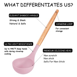 MIBOTE Silicone Cooking Kitchen Utensils Set with Holder, Wooden Handles BPA Free Silicone Turner Tongs Spatula Spoon Kitchen Gadgets Utensil Set for Nonstick Cookware (Pinky)