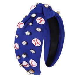 Baseball Headband for Women Crystal Pearl Knotted Headband Baseball Charms Rhinestone Beaded Embellished Headband Wide Top Knot Game Day Headband Accessories Sports Fan Gifts (Navy Blue Baseball)