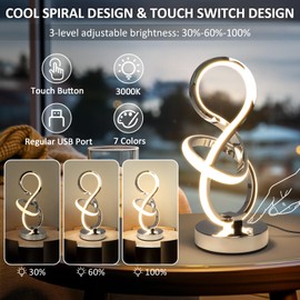 EIDEARAY Modern Spiral Table Lamp, 7 Colors 10 Light Modes LED Nightstand Small Lamp with USB C+A Ports, Touch Dimmable Lamps for Living Room Bedroom Bedside, Unique & Cool Lamps,Silver