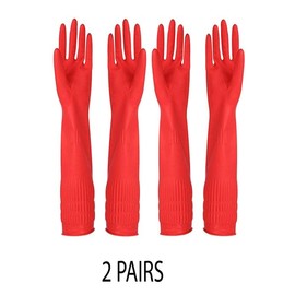 Sleek Style® 2 Pairs Household Rubber Gloves with Extra Long Cuffs Red Dishwashing Gloves Non-Slip and Waterproof Cleaning Gloves for Kitchen 38cm (2 Pairs Red)