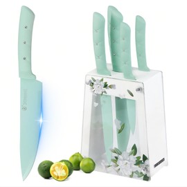 KOSHA 6 PCS Stainless Steel Knife Set with Block - Kitchen Knives Set for Cutting, Slicing, Dicing (Pink/Green) | Ergonomic Handle, Floral Acrylic Knife Block, Non-Stick Coated | Present for Women