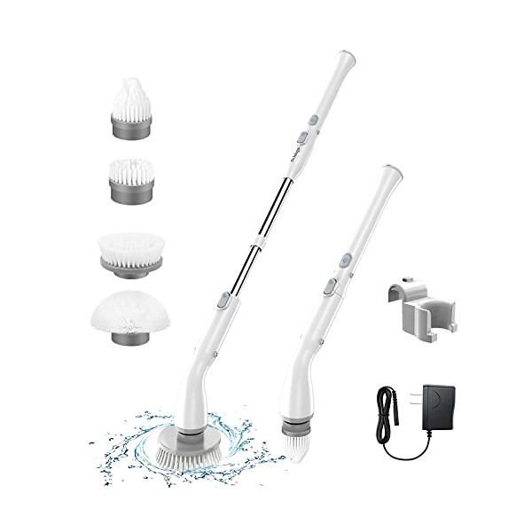 LABIGO Electric Spin Scrubber LA1 Pro, Cordless Spin Scrubber with 4 Replaceable Brush Heads and Adjustable Extension Handle, Power Cleaning Brush for Bathroom Floor Tile (White)
