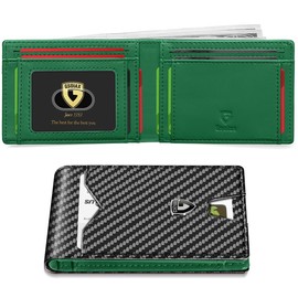 GSOIAX Mens Slim Wallet for Men Minimalist Genuine Leather Carbon Fiber Rfid Blocking Bifold  With Gift Box - Color: Green and Carbon Black