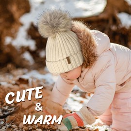 Kids Winter Hat Toddler Stretchy Knitted Beanie with Faux Fur Pom Poms Beanie for Baby Girls Boys 2-24 Months