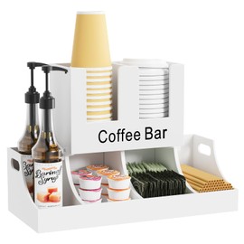 Busidhji Coffee Station Organizer, Wooden Coffee Bar Organizer for Countertop, Condiment and Cup Storage Organizer, Bar Accessories for Kitchen, Office, Home, White
