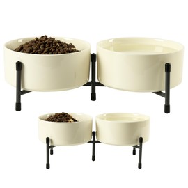 6 Inch Elevated Dog Bowl with Adjustable Metal Stand, 32 OZ Raised Ceramic Dog Bowls Set for Food and Water Bowl, Double Pet Feeding Dishes for Small and Medium Breed Dogs, Beige, Set of 2