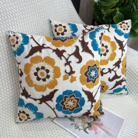 GYISANA Set of 2 Decorative Embroidered Cushion Covers Cotton Canvas Linen Cushion Cover Bohemian Mandala Decorative Cushion Sofa Cushion for Couch Car Bedroom 45 x 45 cm (Yellow Flowers)