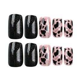 24pcs Short Square False Nails Black Stick on Nails Glitter Gold Pink Press on Nails Cowprint Removable Glue-on Nails Full Cover Acrylic Fake Nails Set Women Brides Nail Art Accessories