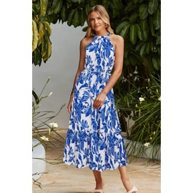 Newshows Womens 2025 Summer Vacation Outfits Halter Neck Floral Tiered Ruffled Flowy Casual Beach Boho Long Maxi Dress(White Floral Leaf Blue,XL)