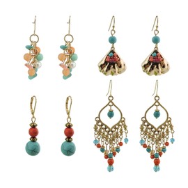 Coiris 4 Pairs Fashion Dangle Tassel Pendant Earrings Imitation Turquoise Beads Earring Set for Women (ES1008)
