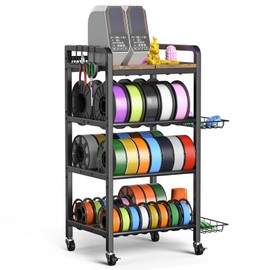 3D Printer Filament Storage Rack- 4 Tiers Filament Spool Holder, Heavy Duty 3D Printing Stand Filament Organizer with 360° Wheels, Metal Filament Stand Shelf for PLA/ABS/TPU/Nylon (Black)