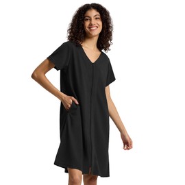 SIORO Women Zipper Robes Waffle Short Sleeve Bathrobe Lightweight Housecoat Knee Length Nightgown Loungwear with Pockets