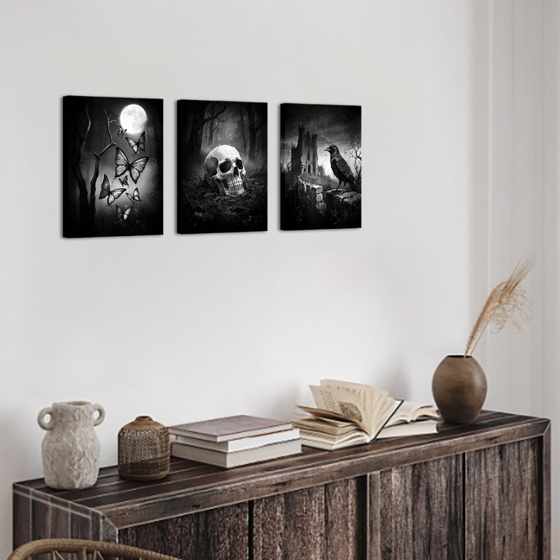 RyounoArt Gothic Wall Art Black and White Skull Butterfly and