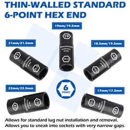 7Pc Half Size Lug Nut Socket Set 1/2” Drive Thin Wall Impact Flip Socket Set With Knockout Bar For Removal of Inflated, Damaged, Warped and Mangled Lug Nuts
