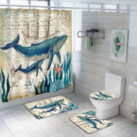 Planially 4Pcs Whale Waterproof Shower Curtain Sets,Ocean Bathroom Sets with Shower Curtain, Toilet Lid Rug, Contour Mat and Bath Mat, 12 Hooks Gift for Bathroom Set Decor,72 X 72 Inch