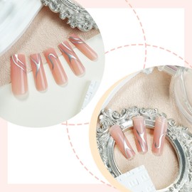 Vopintpy Nude Coffin Nails Silver Lines Fake Nails Extra Long Square Press on Nails Glossy Acrylic Glue on Nails Reusable Full Cover Stick on Nails for Women DIY Ballerina Manicure
