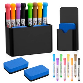 Vyuwast Pack of 12 Whiteboard Accessories, 2 Magnetic Pen Holders with 2 Whiteboard Sponge, 8 Whiteboard Markers, Magnetic Pen Holder for School, Office, Whiteboard, Fridge (White)