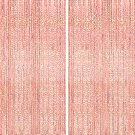 2pcs 3ft X 8.3ft Rose Gold Glitter Metallic Tinsel Curtains Aluminum Foil Flow Silk Curtain Background Streamer Birthday Party Wedding Holiday Backdrop Decoration