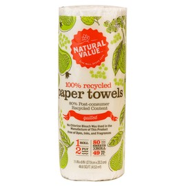 Natural Value 100% Recycled Paper Towels, Single Roll 2 ply Quilted Full sized Sheets, 80 Sheets (4 Pack), No Dyes, Ink, Frangrance, No Chlorine Bleach, 80% Post-Consumer Recycled Content