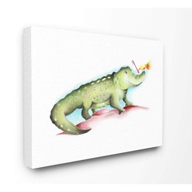 The Kids Room by Stupell Cute Cartoon Baby Crocodile and Bird with Toothbrush Zoo Animal Painting Canvas Wall Art, 16 x 20, Multi-Color