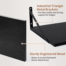 Axeman Deep Floating Shelves, 16W x 12D Black Floating Shelves for Wall, Wood Wall Shelves Set of 2, Large Floating Shelves Black Deep Shelves for Living Room Bedroom Bathroom - Black