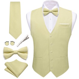 Barry.Wang Mens Yellow Suit Vest Linen Formal/Casual Waistcoat Tie Bow Tie Set Wedding Party