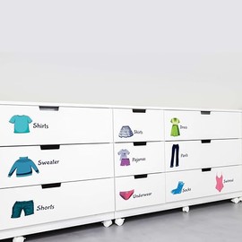 Shirts Sweater Shorts Skirts Pajamas Underwear Dress Pants Socks Swimsuit - 5" x 10" Kids Girls Drawers Cabinets Clothing Compartments Multicolored Vinyl Clothing Label Decoration Stickers