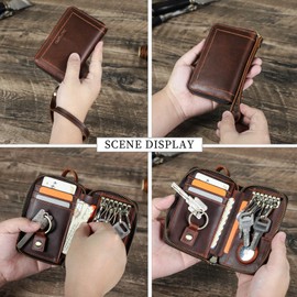 Contacts Leather Car Key case Large Keychain 6 Key hooks Zip Pouch Bag Unisex Credit Cards holder RFID Wallet Cover AirTag (Coffee)