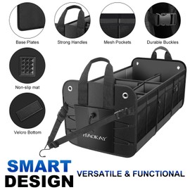 HAOKAY Car Trunk Organizer with Lid，Heavy Duty Extra Large Premium Black Oxford Multi Compartments Collapsible trunk organizer for SUV, Van, Truck, Sedan, Jeep （90L