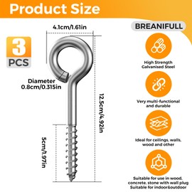 BREANIFULL Pack of 3 safety screw hooks, safety hooks for swing, high-strength ceiling hooks with thread for use in wood and with dowels in stone and concrete