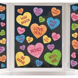 JarThenaAMCS 58PCS Valentine's Day Window Clings Romantic Conversation Heart Window Decals Double-Sided Candy Heart Window Decor for Home Office School Party Supplies, 9 Sheet