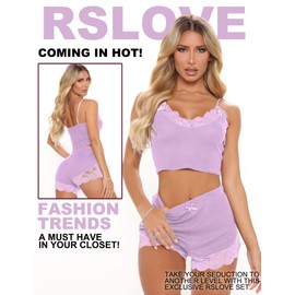RSLOVE Women's V-Neck Sleeveless Sleepwear Set Soft Lace Camisole Set with Shorts Sleepwear, Lavender-Coloured