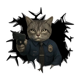 Gray Cat Cop Sticker – Cool 3D Cracked Wall Vinyl Decal for Car, Laptop, Window – 11.81 x 11.81 in