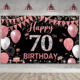 Couryxqq Happy Birthday Banner, 70th Birthday Decorations Backdrop, Extra Large Black Pink Party Decorations, Perfect Birthday Party Supplies Photography Background for Men, and Women, 180x110cm