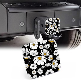 NITAHHHY 2" Trailer Hitch Cover,Abstract White Daisy Flowers on Black Rubber Towing Hitch Tube Cover Hitch for Men Women, Sturdy Receivers Plug Accessories for Pickups Trucks Cars