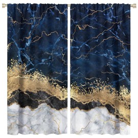 NO Abstract Marble Curtains Navy Blue Gold Striped Marble Family Room Kitchen Curtain Thermal Insulated Curtains for Bedroom, Living Room 2 Panels Set 42x54in