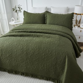 Brandream Quilt Set Full Size Cotton Olive Green Floral and Vine Stitching Quilt Set Matelasse Bedding Ruffled Bedspread 3-Piece