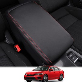 Rifoda for 11th Gen Civic Center Console Armrest Cover Suitable for Honda Civic Sedan Hatchback LX EX EX-L Sport Touring 2022 Scratch Resistance Armrest Box Leather Cover(Black Leather Red Stitchs)