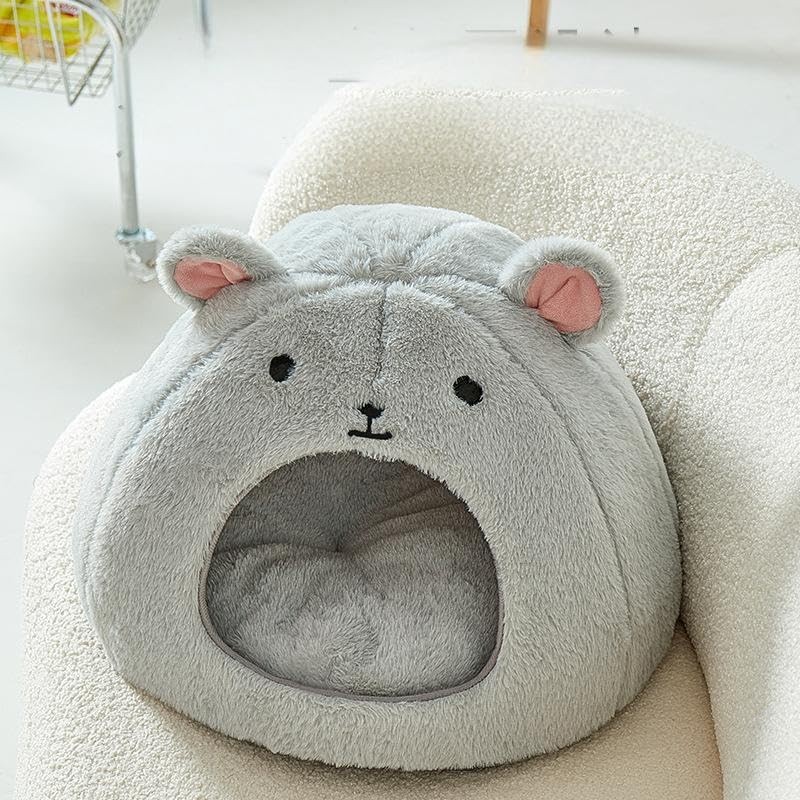 Cozy Mouse Ear Pet Cave Bed Ultra-Soft Gray Plush cave