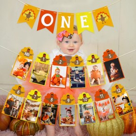 Thanksgiving Turkey One Banner and Thanksgiving Turkey 12 Month Banner - Turkey 1st Birthday Photo Banner,Thanksgiving Turkey 1st Birthday Decorations,Thanksgiving 1st Birthday Photo Banner Decor